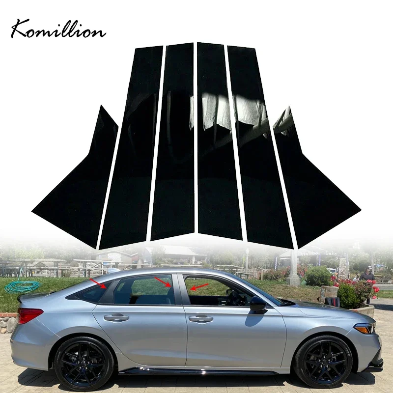 6Pcs/set Car Door Window Pillar Posts Trim Covers Gloss Black Decoration Sticker Parts For Honda Civic FE/FL Sedan 2022-2025