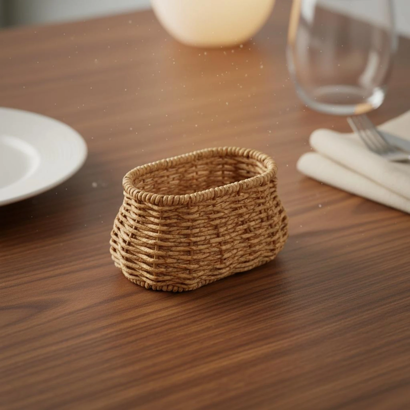 Rattan-Design Wooden Pick Holder uncoveredTop Woven Wooden Pick Holder Home Decor Rounded Rectangular Natural Tan-Brown