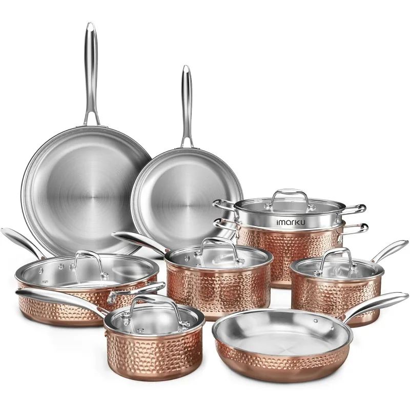 

Stainless Steel Pots and Pans Set, 14PCS Kitchen Cookware Sets with Lids, Non-Toxic Tri-Ply Clad Hammered Stainless Steel