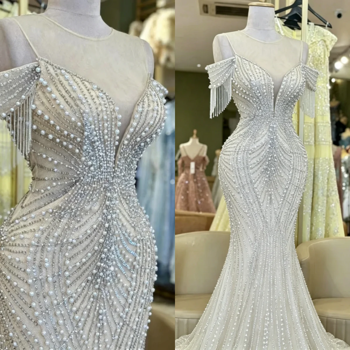 

Exquisite Sequins Mermaid Bridal Gowns Sleeveless Sweep Train Wedding Dresses Pearls Formal Party Customized