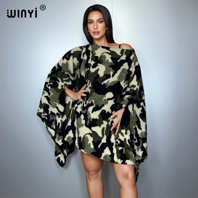 WINYI winter camouflage colour dress black fashion cape Holiday dress Elegant party winter ponchos for women Leopard print cloak