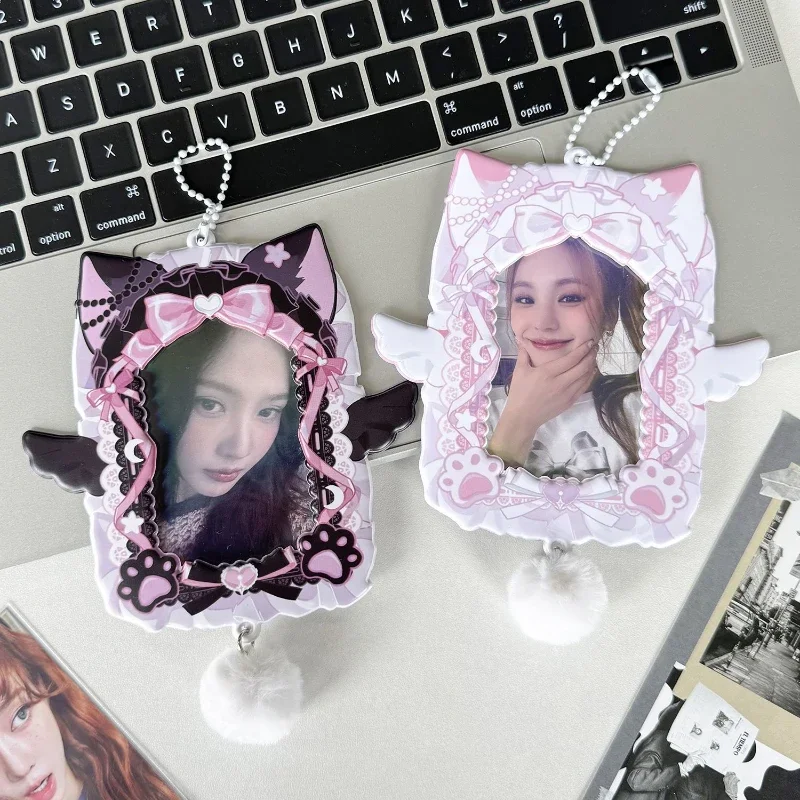 Kawaii Cat with Plush Tail Card Holder Cute Wings Picture Frames 3 Inch Kpop Photocard Sleeves for Girls Bag Pendant Wholesales