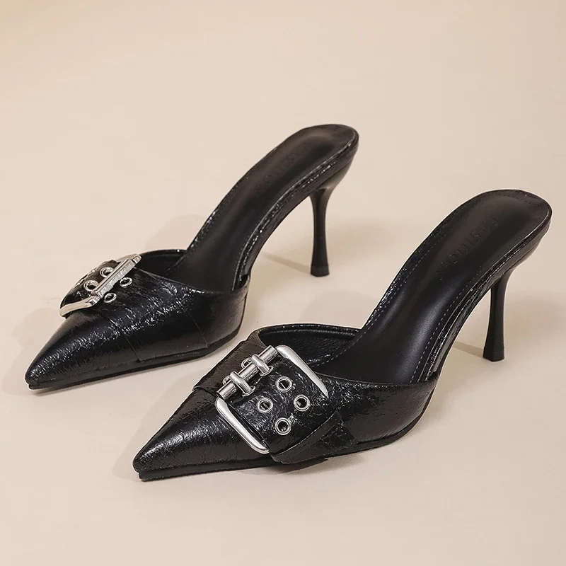 

High Heels Pointed Toe High Heel Mules Slippers Women Fashion Bukle Decor Thin Heels Sandals Woman Pu Leather Slip on Party Shoe