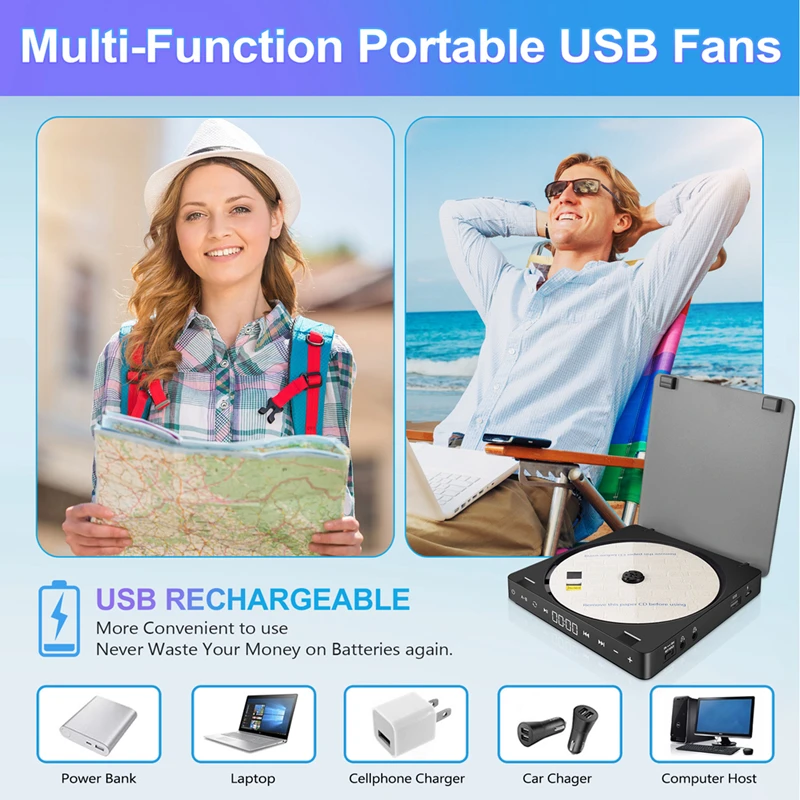 مشغل أقراص مضغوطة رياضي محمول مدمج، زر لمس، مشغل قرص قابل لإعادة الشحن، سماعات أقراص مضغوطة مزدوجة، سماعات أقراص مضغوطة وكمان