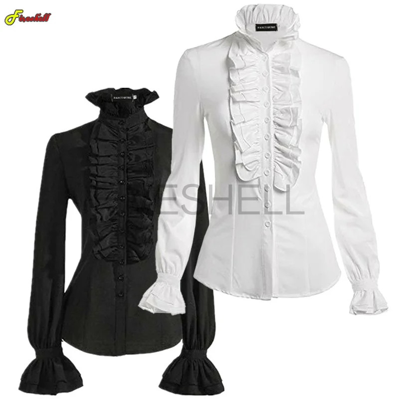 Medieval Victorian Vintage Style Women Casual Shirt Long Sleeve Solid Color Tops Ruffle Splice Button Up Shirt Female Costumes