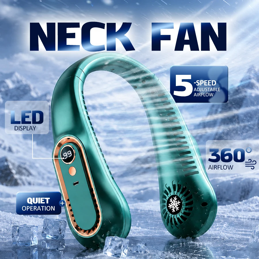 

360° Neck Fan, 5 Speeds, LED Display, Quiet Operation, Portable Wearable USB Fan for Travel Office