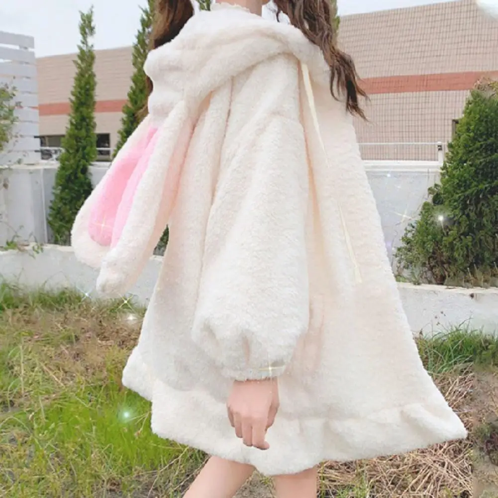 

Winter Hoodie Kawaii Rabbit Ear Women's Sportswear Girls Lolita Hooded Zipper Casual Sportswear Lamb Fleece Coat Women