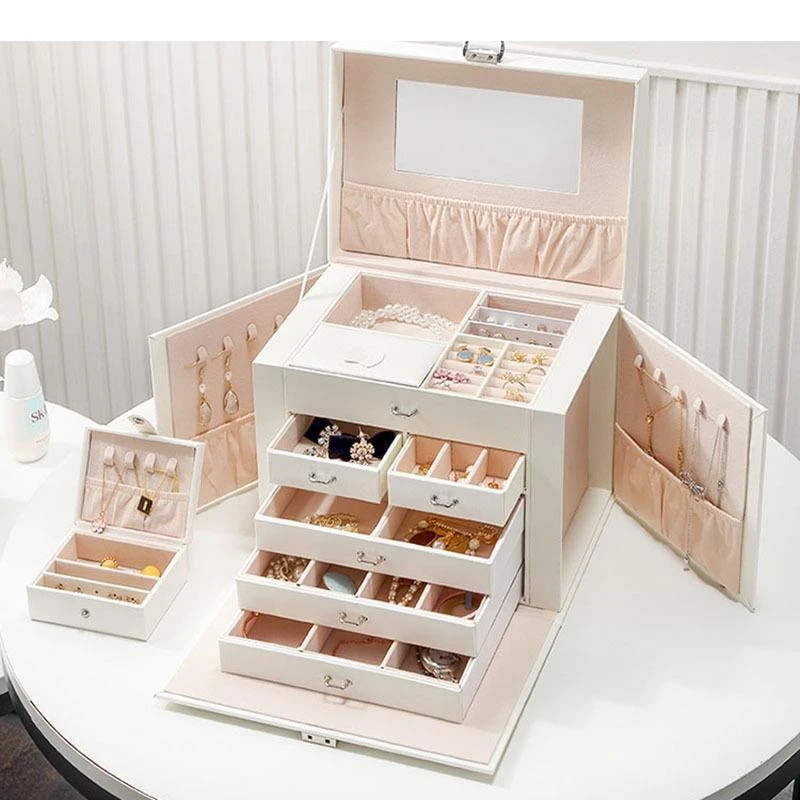 Multi-layer Drawers Storage Box with Lock PU Leather Separate Grid Makeup Dressing Table Necklace Earrings Hanging Rack