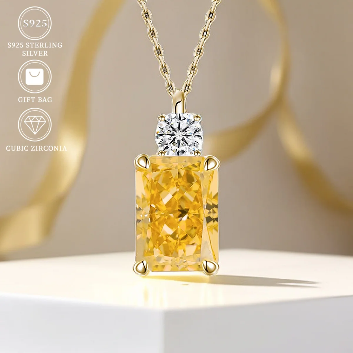 

S925 sterling silver Rectangular Ice Cutting Yellow Cubic zircon High-carbon diamond pendant necklace Fine jewelry for women