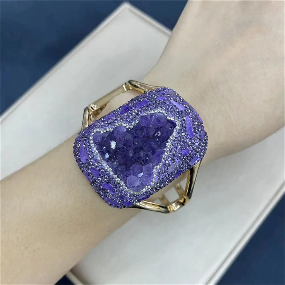 Natural Amethyst Tourmaline Cuff Bracelet Turkish Crystal Quartz Bangles Exquisite Women\'s Banquet Jewelry Party Dress Acces