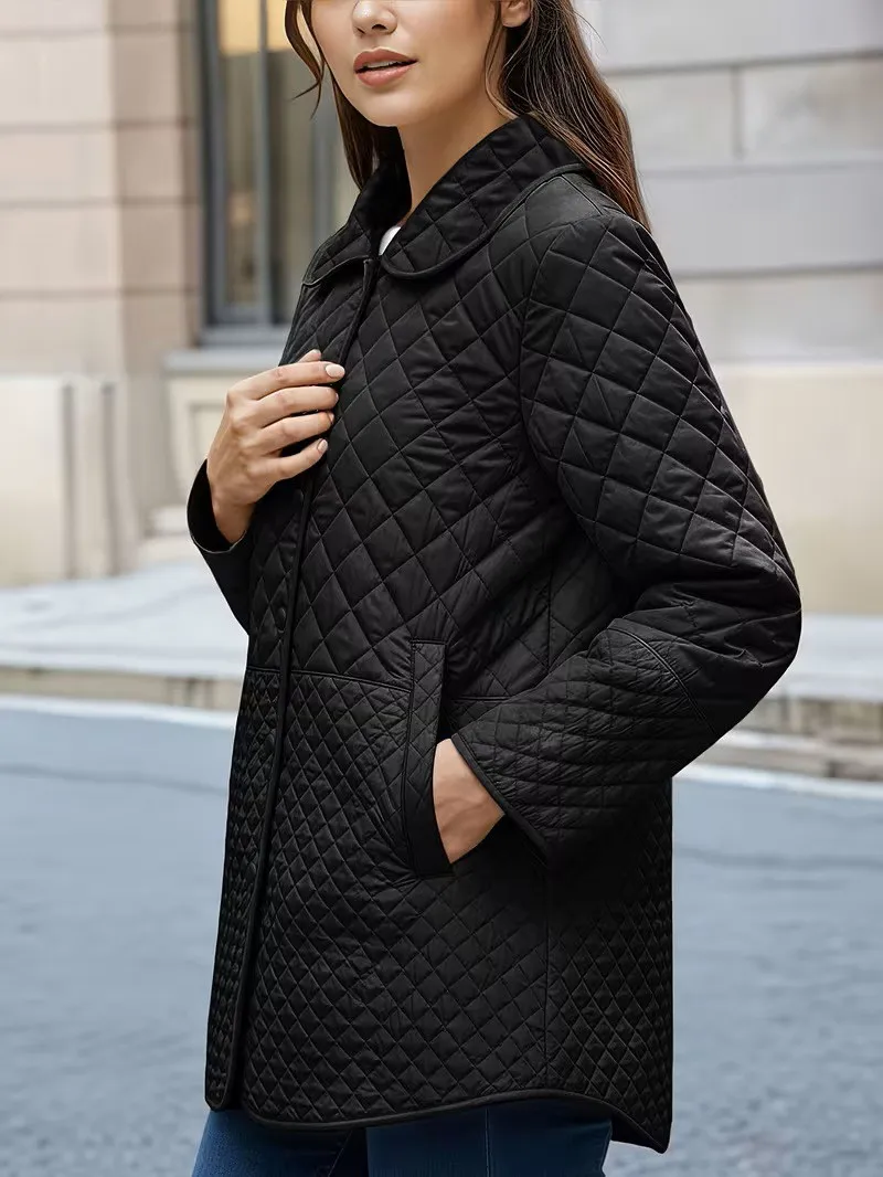 Quilted Mid Long Length Coat with Mid Length Casual Turn Down Collar Long Sleeve Commuter Chic Spring Lapel Coat for Women