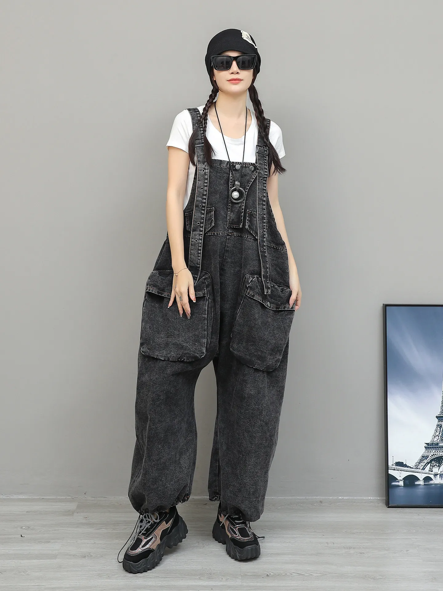 Personalized Retro Vintage Denim High Waisted Splicing Large Pocket Overalls Women Spring Loose Streetwear Sleeveless Jumpsuit