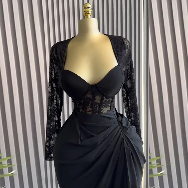 Abito longuette aderente primaverile Abito da donna elegante di media lunghezza con scollo quadrato in pizzo a maniche lunghe a vita alta