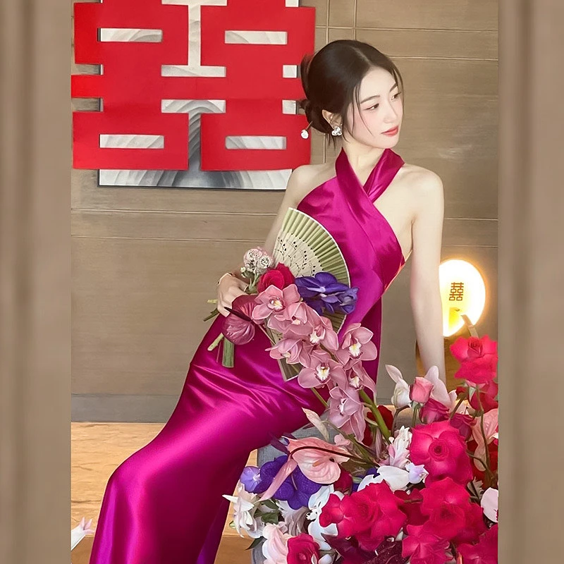 

Rose Cocktail Dresses V-neck Ribbon Mermaid Stain Bride Chinese Morning Robe Anniversary Meeting Celebrity Host Evening Gowns