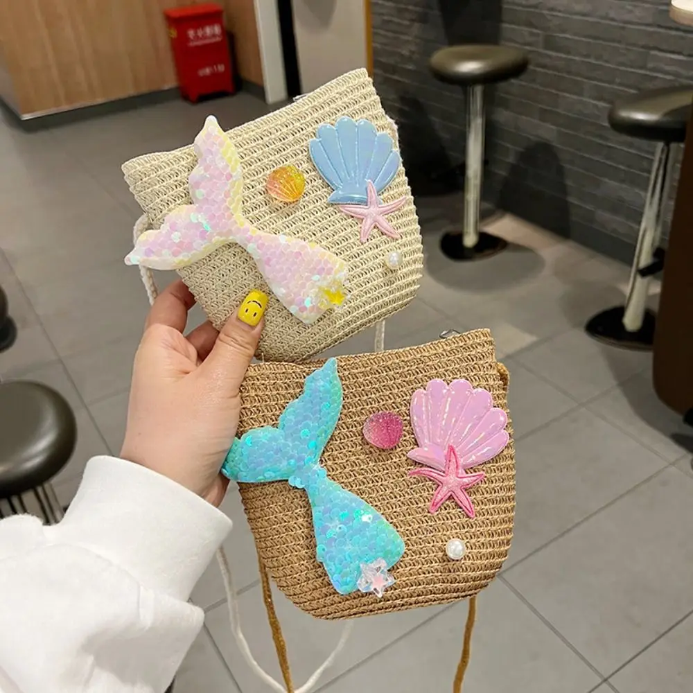 Summer Kids Straw Woven Messenger Bag Lovely Mermaid Small Coin Purse Handbags Mini Shoulder Bags Princess Wallet for Girls