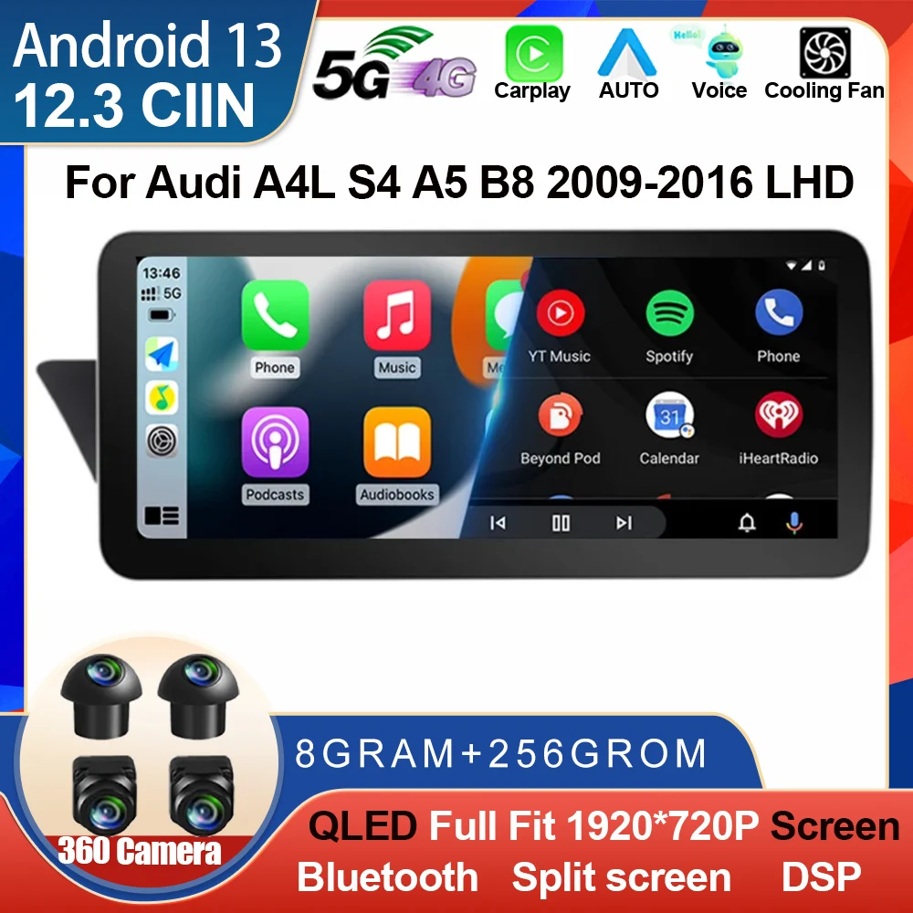 

12.3 Inch Android 13 Touch Screen For Audi A4L S4 A5 B8 2009-2016 LHD Car Carplay Monitor Speakers Radio Multimedia GPS Player