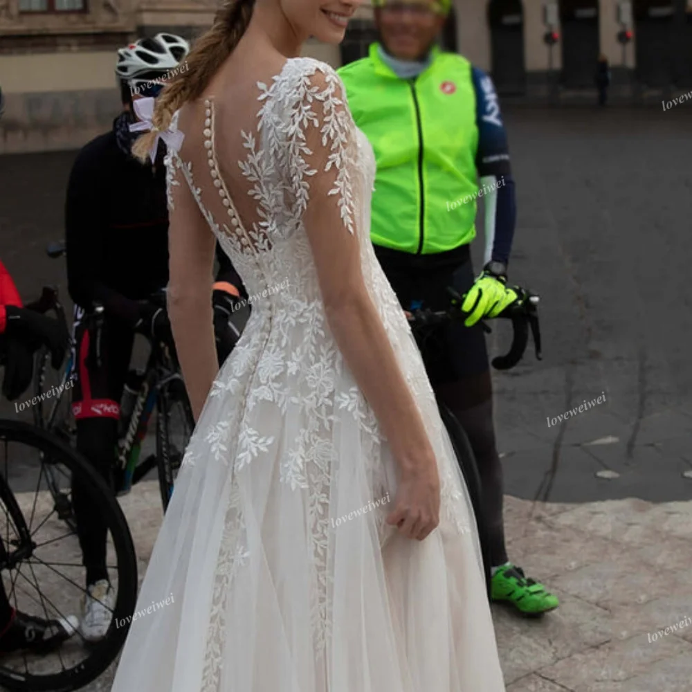 Abito da sposa moderno in pizzo con applicazioni a-line per la sposa Tulle di lusso manica lunga rosa eleganti abiti da sposa nuovi abiti da sposa