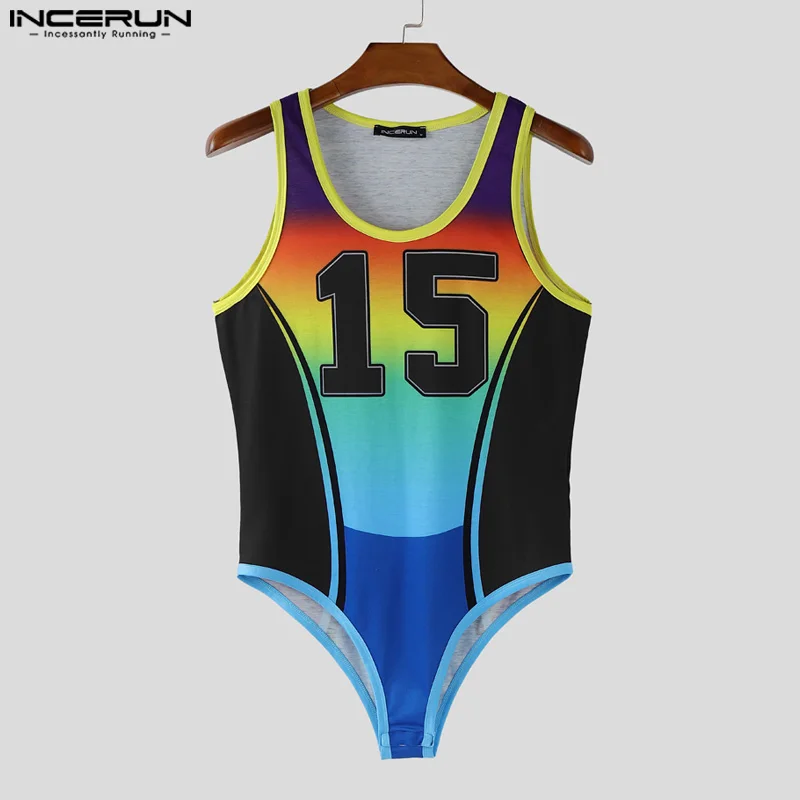 

INCERUN мужские боди с лоскутным принтом и градиентным круглым вырезом без рукавов, мужские комбинезоны для тренировок, 2025, модное повседневное боди