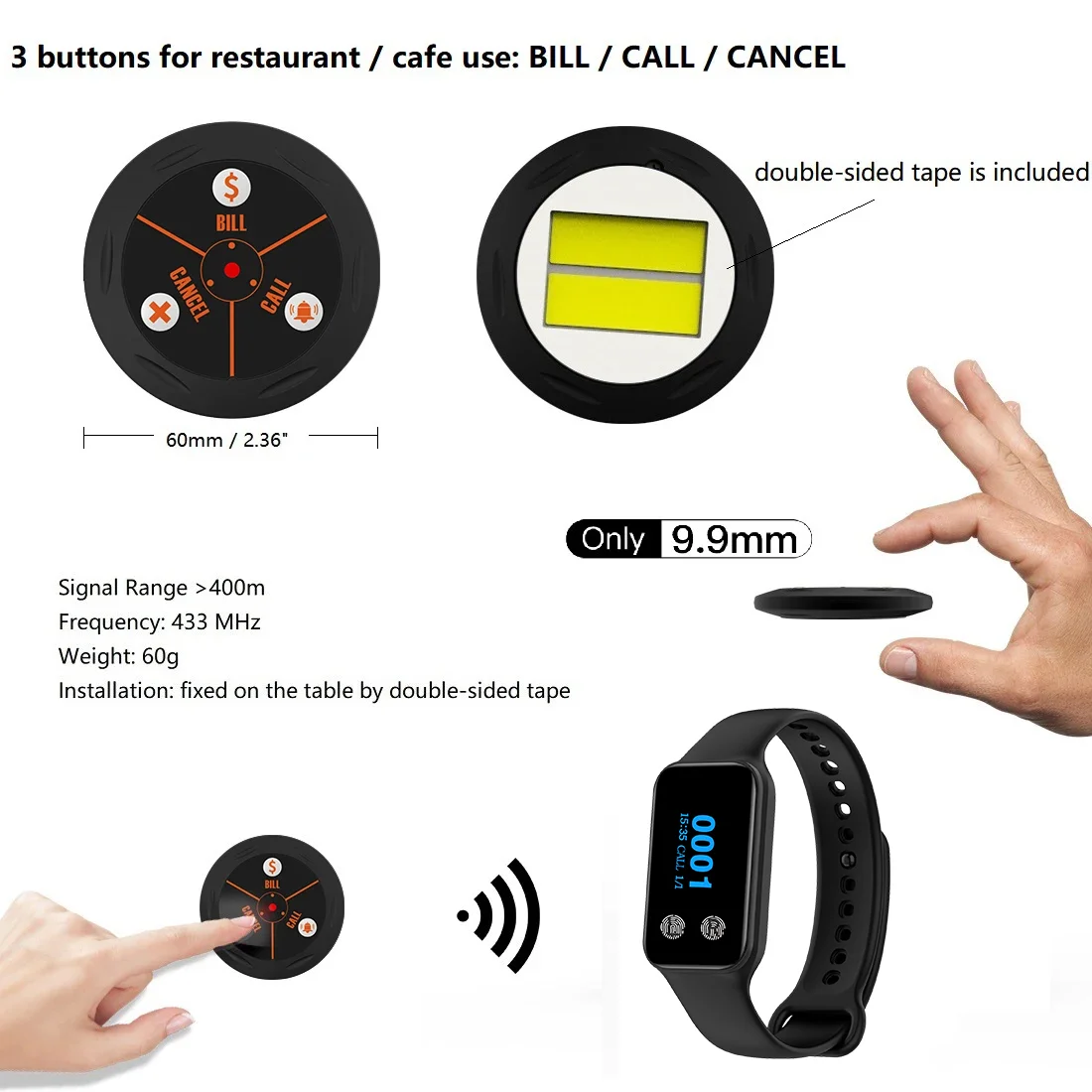 Wireless Restaurant Pager Calling System 5 Waiter Watch Receiver + 30 3-key Call Button for Cafe Hookah Bar Club Food Truck