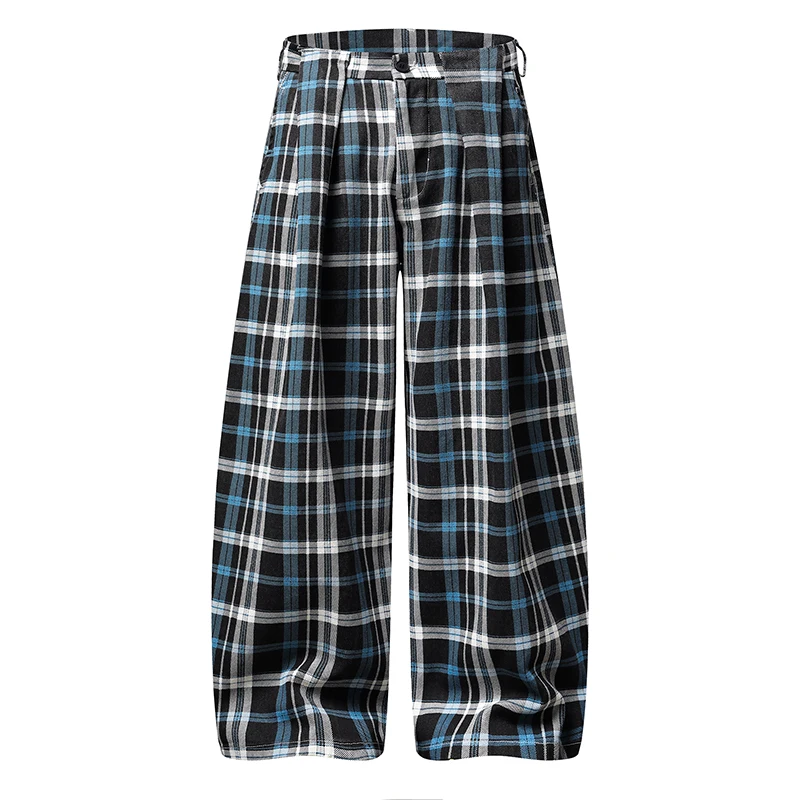 Old Money Style Summer Cotton Men's Casual Pants Black And Blue Plaid Print Casual Trousers Loose Straight Bottoms