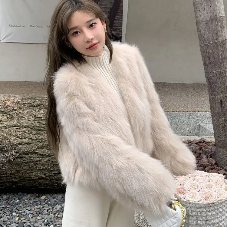 Frauen Faux Fuchs Pelz Mäntel Weiß Pelz Jacken Rundhals Langen Ärmeln Offenen Stich Dicke Warme Pelz Lose Beiläufige 2025, Herbst Winter