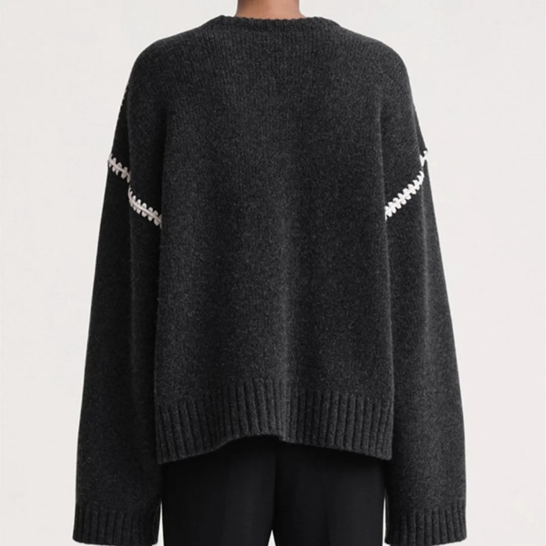 Modny sweter damski na jesień/zimę 2025, luźny, z okrągłym dekoltem, długim rękawem, dzianinowy, haftowany.