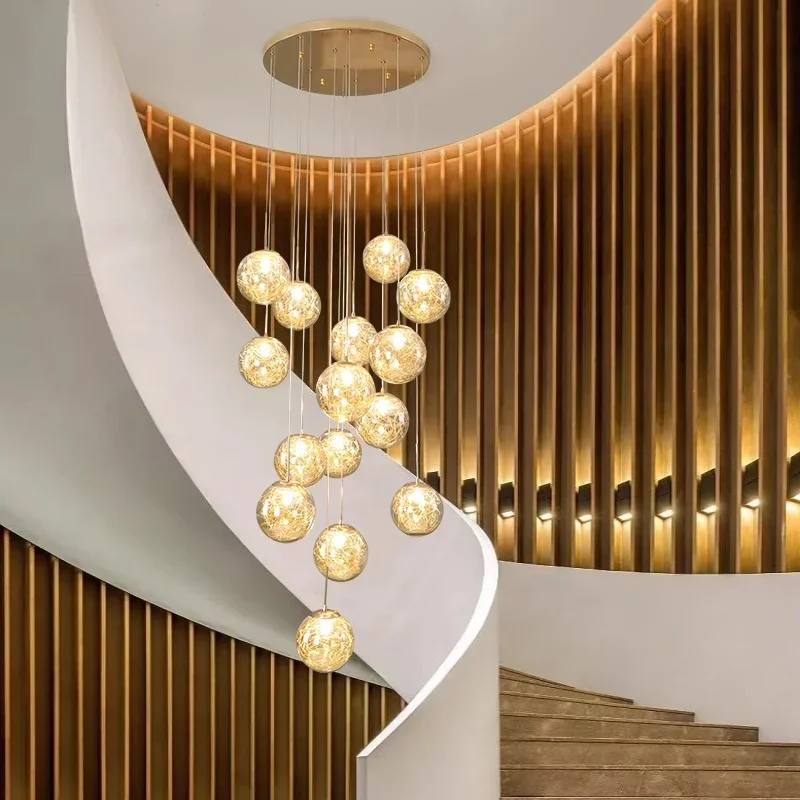 2026 Nordic LED Luxury Smoke Grey Glass Ball Staircase Pendant Kitchen Decoration Modern Lobby Hotel Lustres Villa Lighting