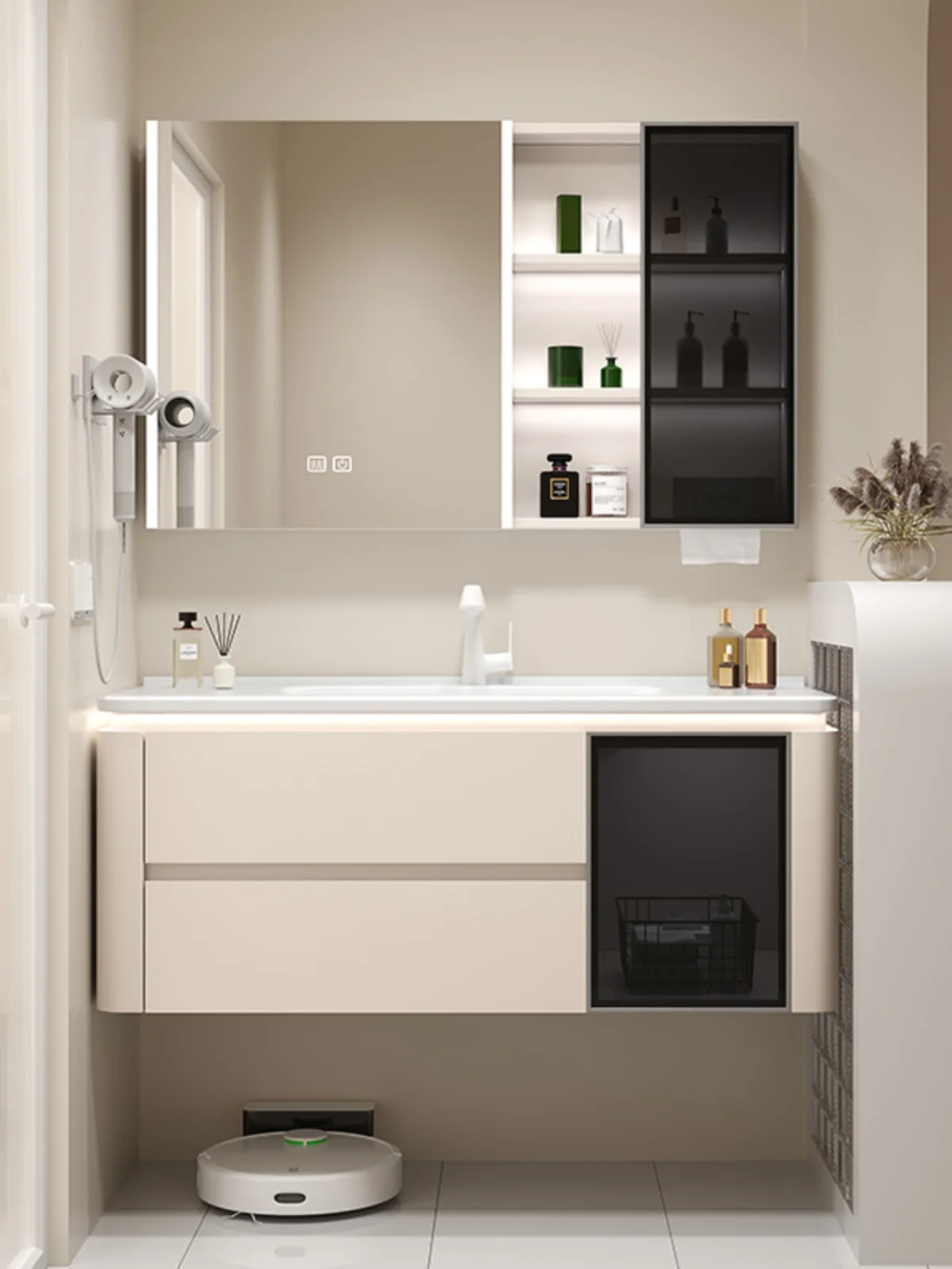 

Cream style, light luxury, smart, bathroom cabinet, mirror cabinet, combination, beauty, storage, ceramic basin