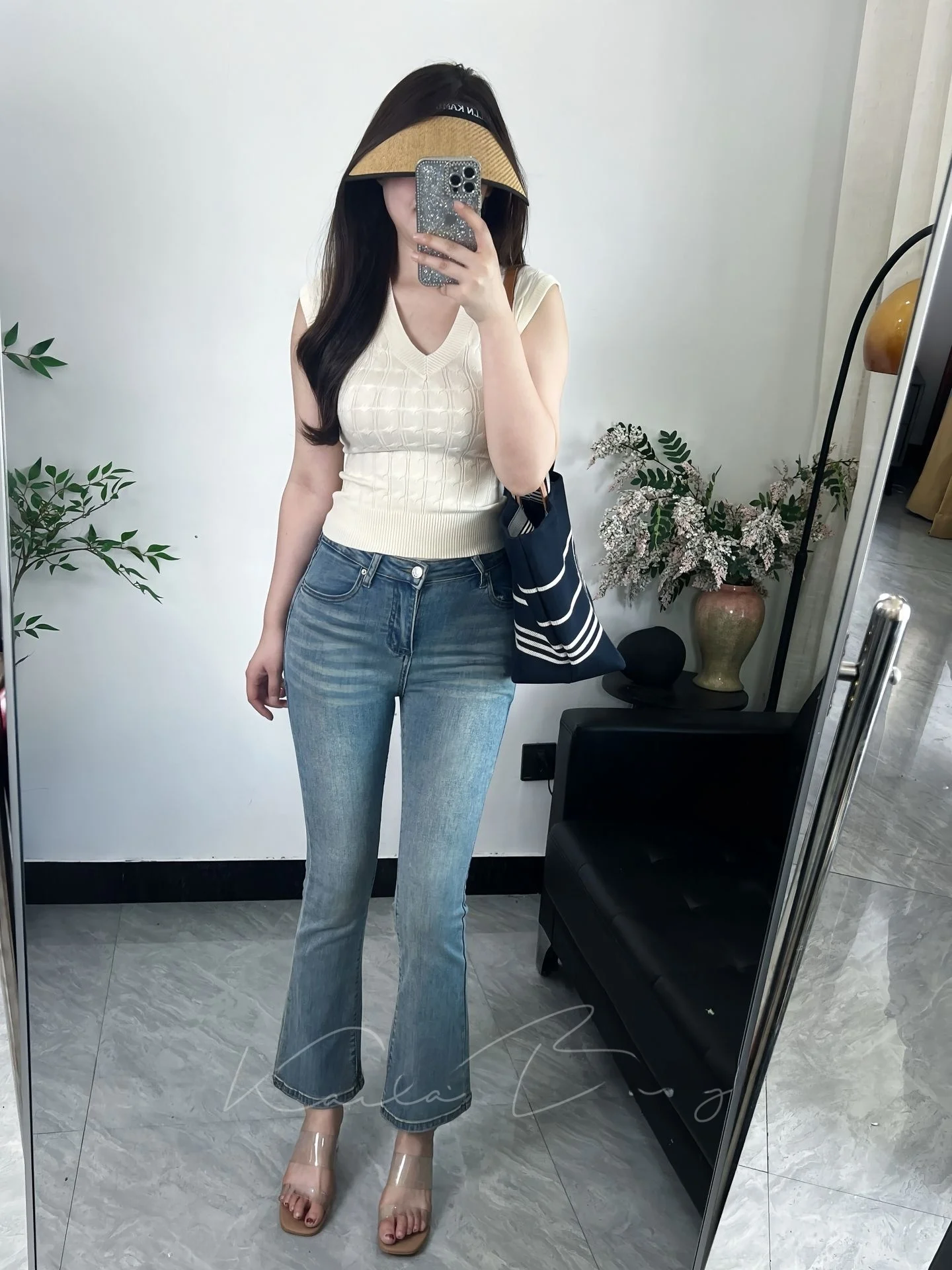 

Ele High Waist Nine-Piece Jeans Women's Korean Sle Slimming Body ape V-Waist Cotton Stretch Denim Straight Leg Jeans