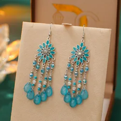 Fashion Layered Bohemian Vintage Flower Drop Dangle Earrings Women Enamel Crytal Geometric Jewelry Beads Handmade Tassel Earings