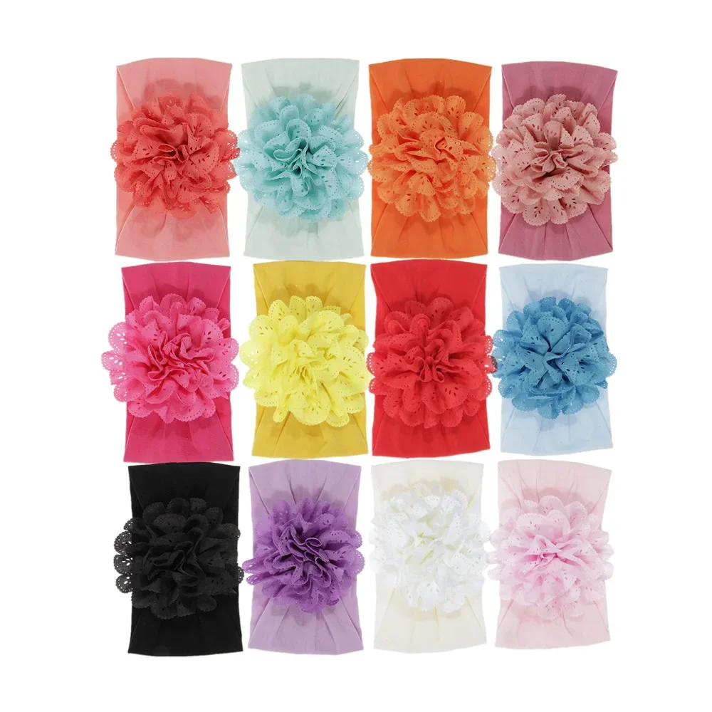 New Soft Stretch Eyelet Fabric Flower Baby Headband Newborn Knot Wide Nylon Headwraps Turban Girls Headwear Kids Photo Props
