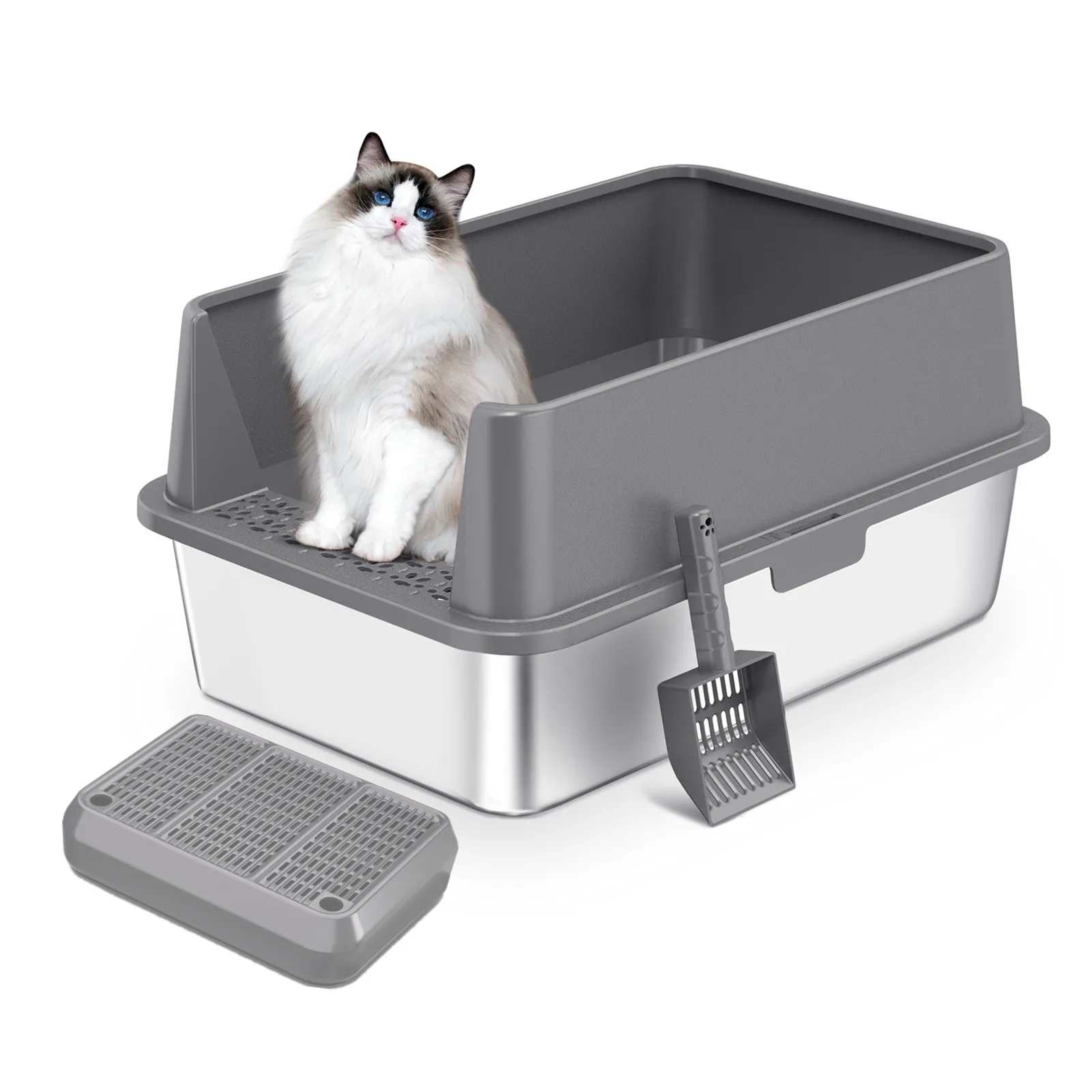 

Stainless Steel Litter Box, Metal Litter Boxs with Lid High Sides, XL Extra Large Litter Box for Big Cats, Never Absorbs Odors