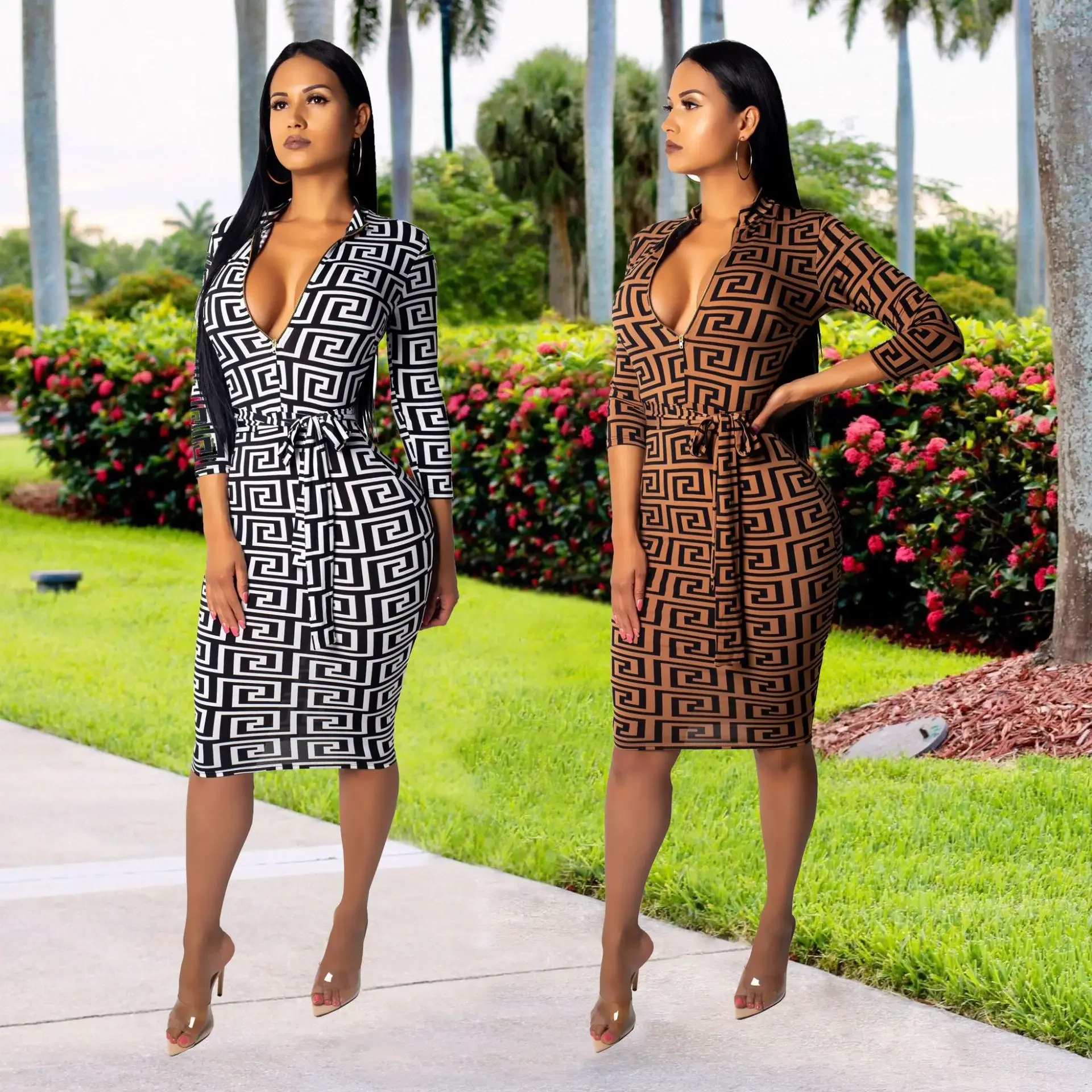 Frauen Herbst Sommer Eleganten Druck Schlank Hohe Taille Kleid Büro Dame Langarm Midi Plaid V-ausschnitt Party
