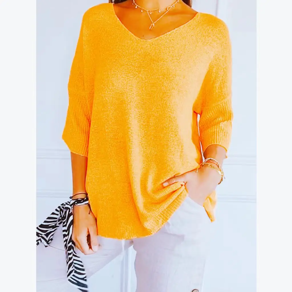 Casual V-Neck Knitted Sweater Women's Slim Fit Basic Style Multi-Color Seven-Quarter Sleeve Pure Color Knitwear Base Layer