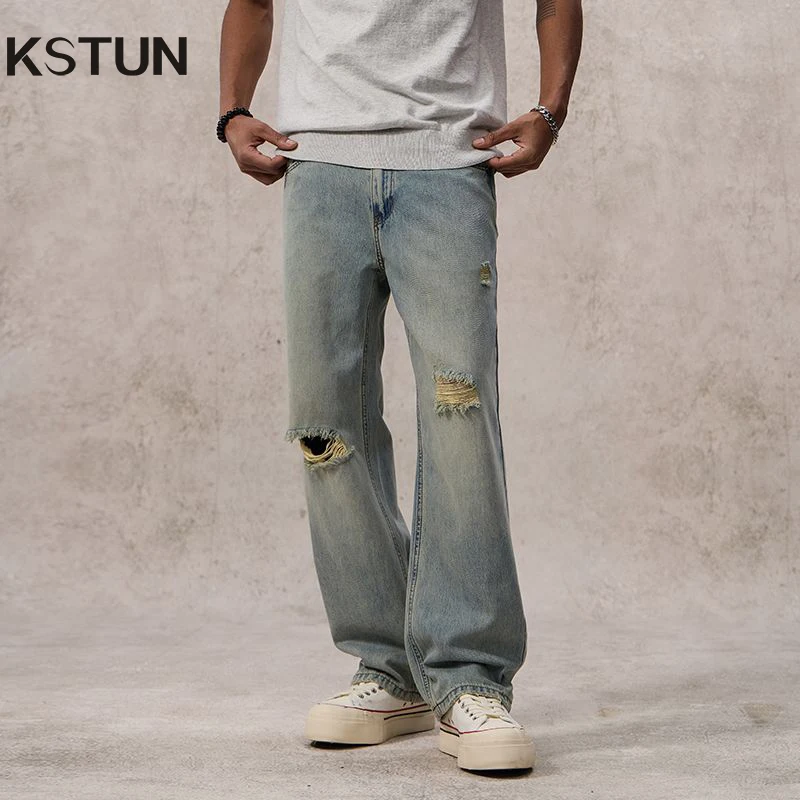 

KSTUN 2025 Spring Summer Baggy Jeans For Man Ripped Jeans Lyocell Wide Leg Hollow Out Vintage Distressed Jeans For Men Trousers