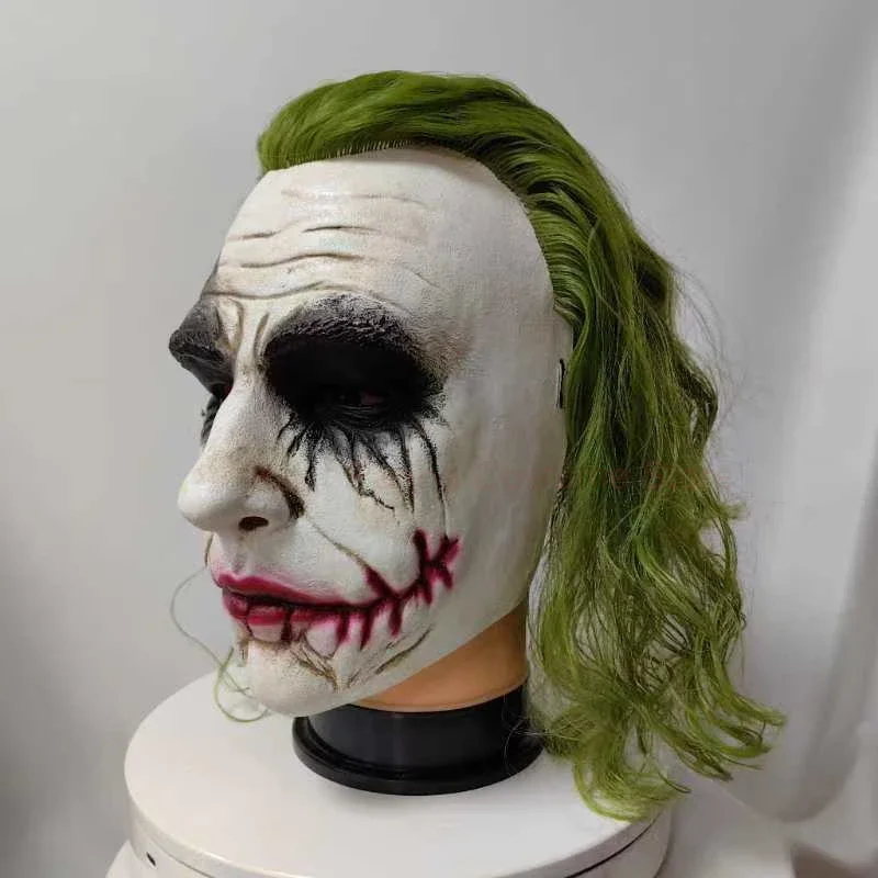 2024 o cavaleiro escuro coringa cosplay máscara de cabelo verde festa de halloween unisex adulto um tamanho máscara de látex palhaço morcego cavaleiro