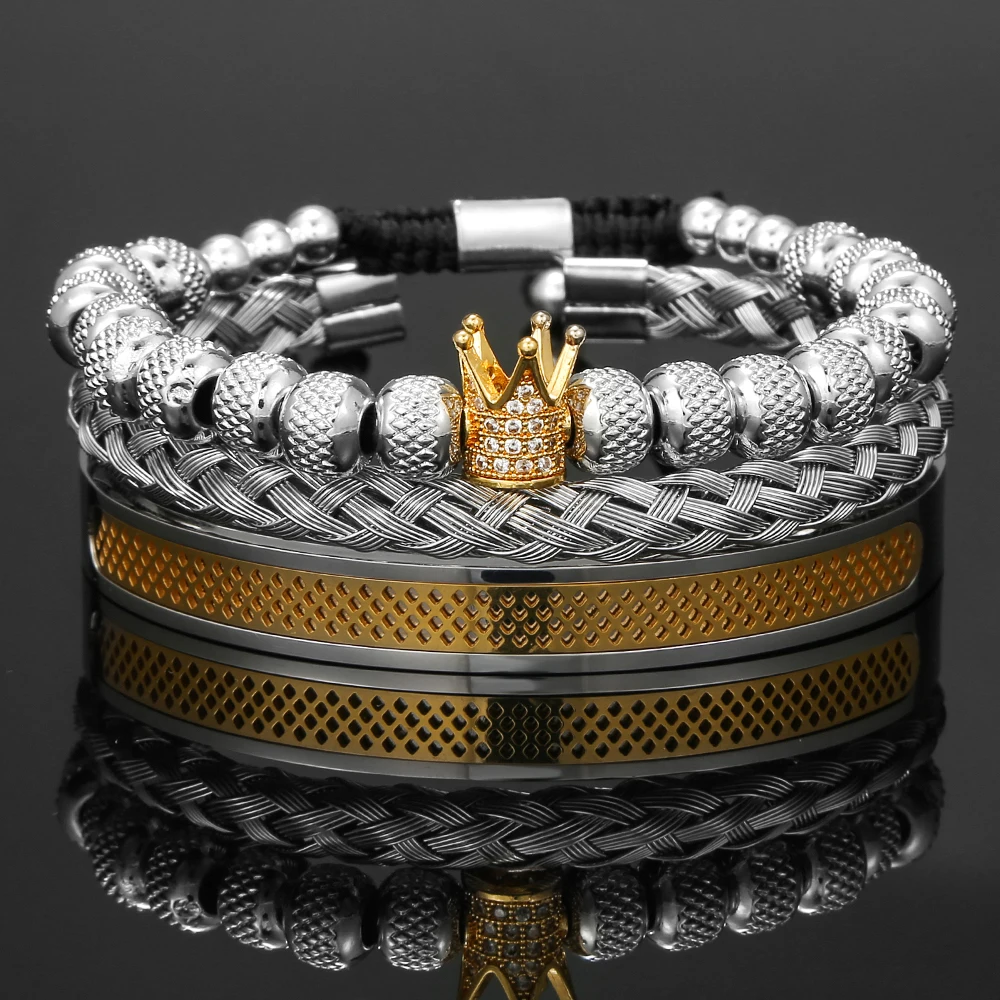 

Luxury Bangle Set Men CZ Crown Bracelets Bangles Cuff Open Stainless Steel Micro Pave CZ Bangle Sets Hip Hop Jewelry