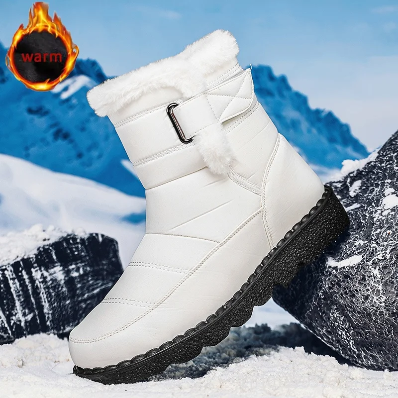 Ladies' boots, winter short snow boots, lined and warm, thickened, outdoor white high-top boots, anti-slip, sports thick-soled,
