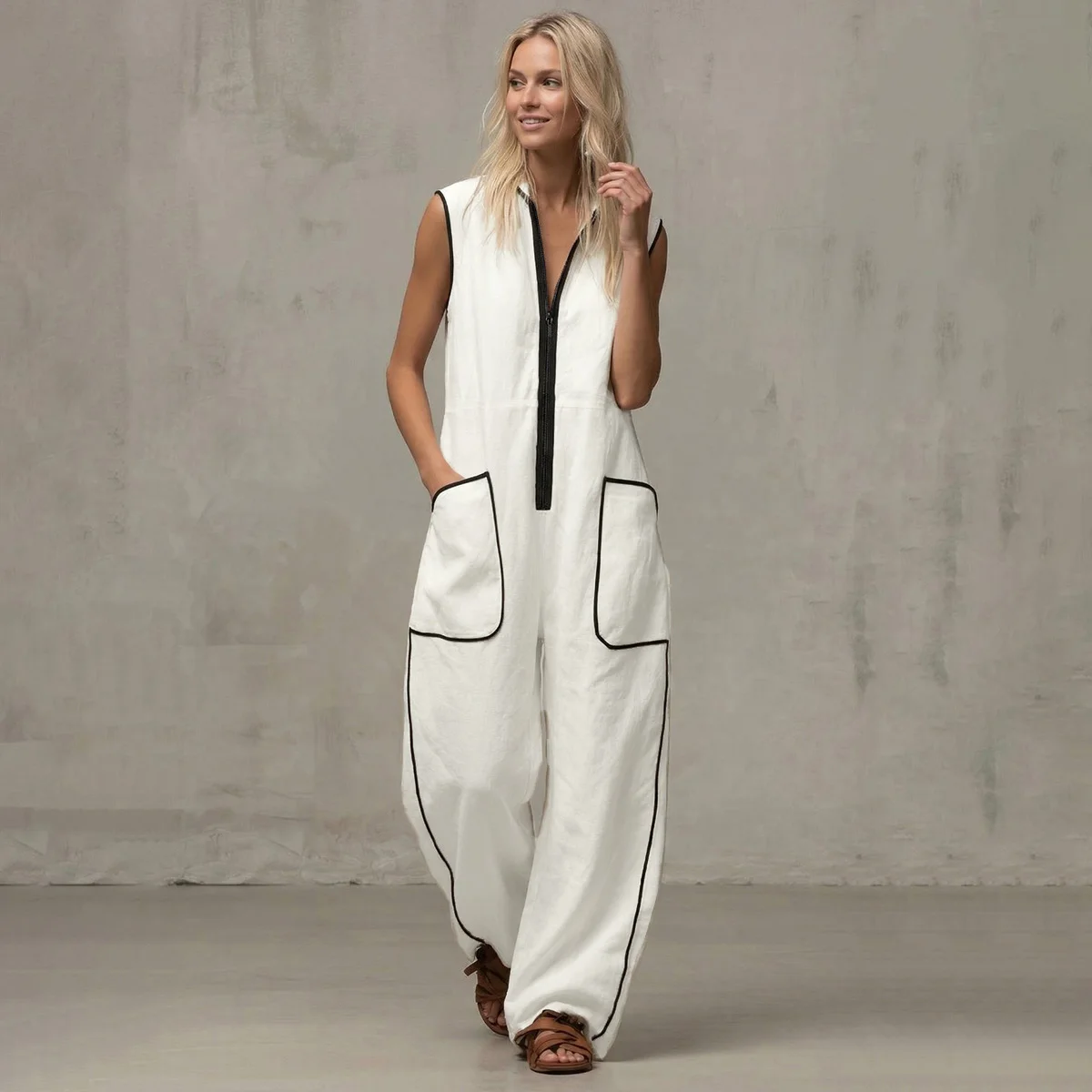 UOOZEE Women White Jumpsuits 2026 New Contrast Color Line Pockets Loose Stand Collar Zipper Casual Vacation Wide Leg Outfits view 3