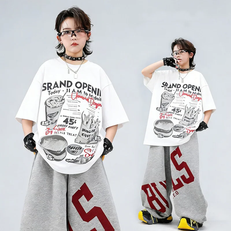 Jazz Dance Matching Set Hip Hop Street White T Shirt Wide Leg Pants Stage Training Street Dance Performance Outfit