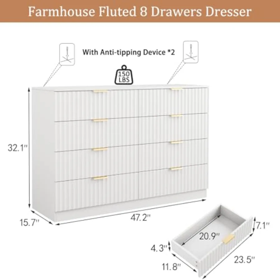 Bedroom dresser, fluted MDF, matte white, 47.2 wide with 8 smooth-gliding drawers for organized storage