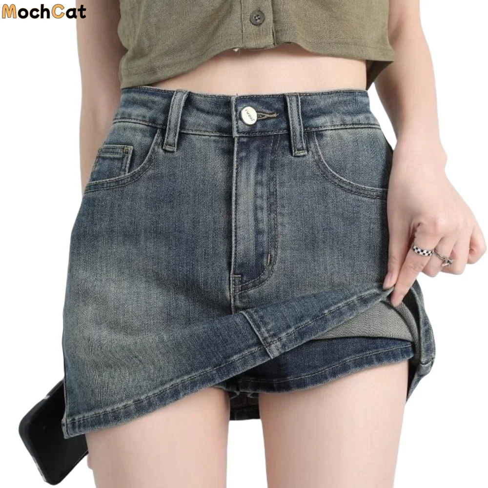 Includes Shorts Pants High Waist a-line Skirt Two Pocket Wide Leg Denim Shorts Skirt Women Streetwear Basic