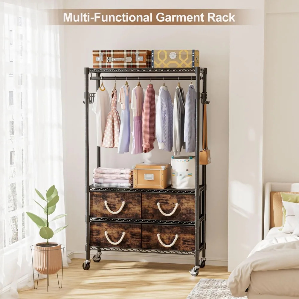 Clothes Heavy Duty Clothing Racks for Hanging Clothes Garment Rack with 4 Fabric Drawers Adjustable, Cloth Wardrobe