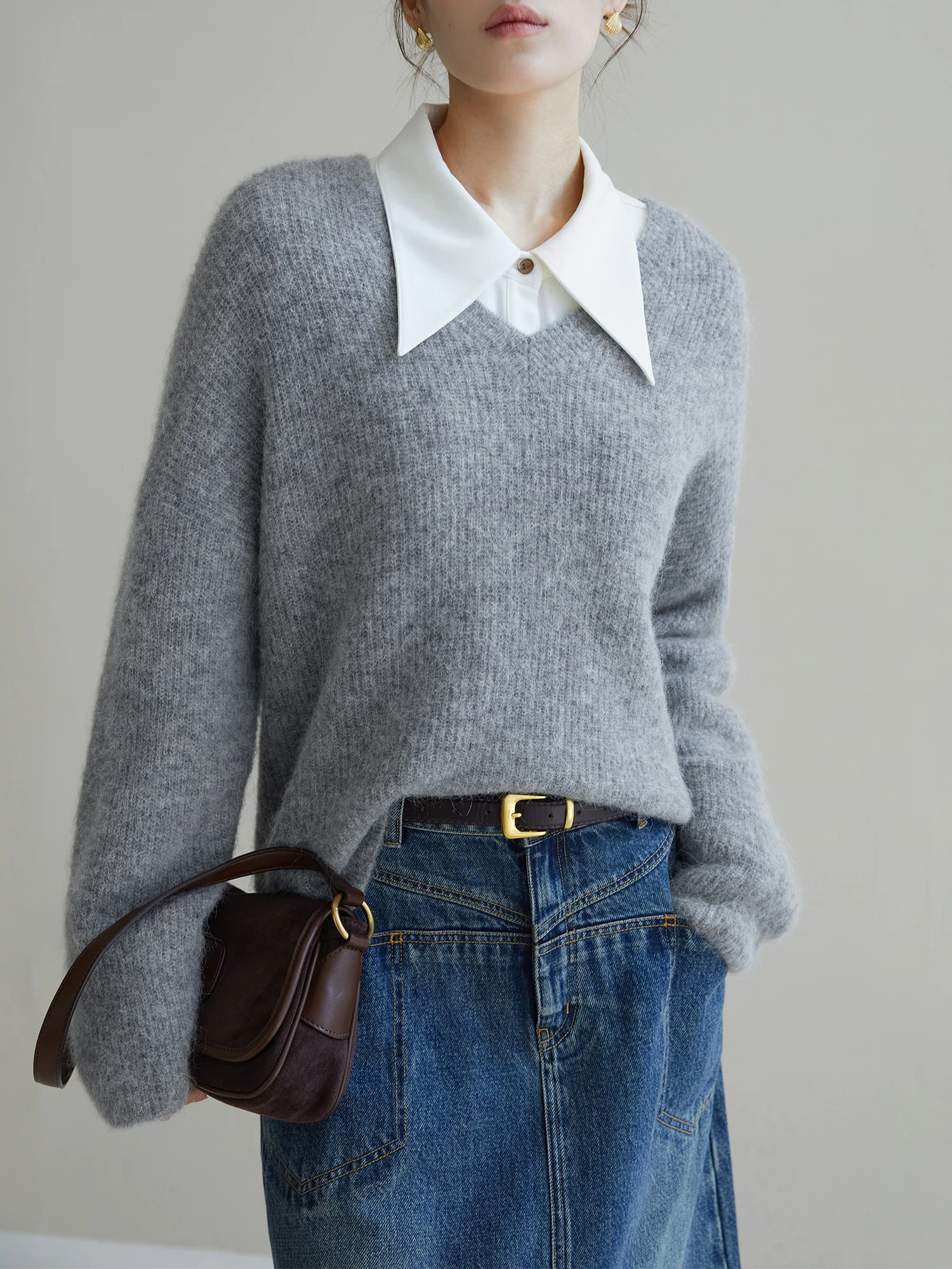 DUSHU 30.7% Wool 35% Alpaca Women Blue Pullover Sweaters V-Neck Grey Casual Winter Warm Sweater Loose Simple Tops 23DS84278