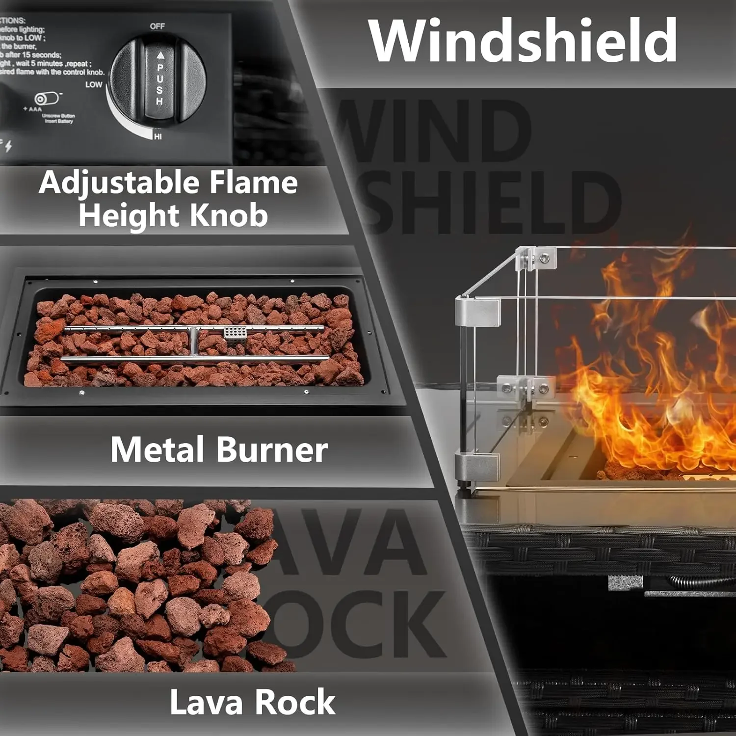 44in Feuerstelle Tisch mit Glas Windschutz, 50.000 BTU CSA-zertifizierte Propan Feuerstelle mit gehärtetem Glas Tischplatte, Feuerstelle Deckel