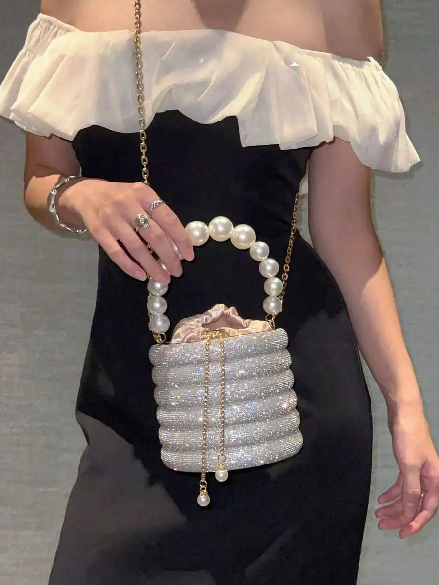 Sparkling Pearl Handle Bucket Bag For Women Evening Party Clutch