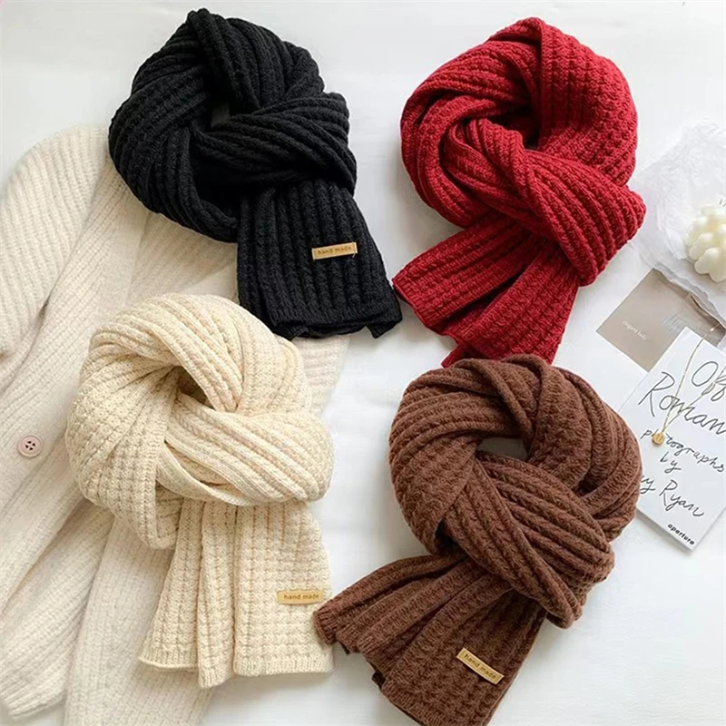 Women's Autumn and Winter Korean Edition Solid Color Knitted Woolen Warmth Scarf Student Cute Couple Internet Red Scarf