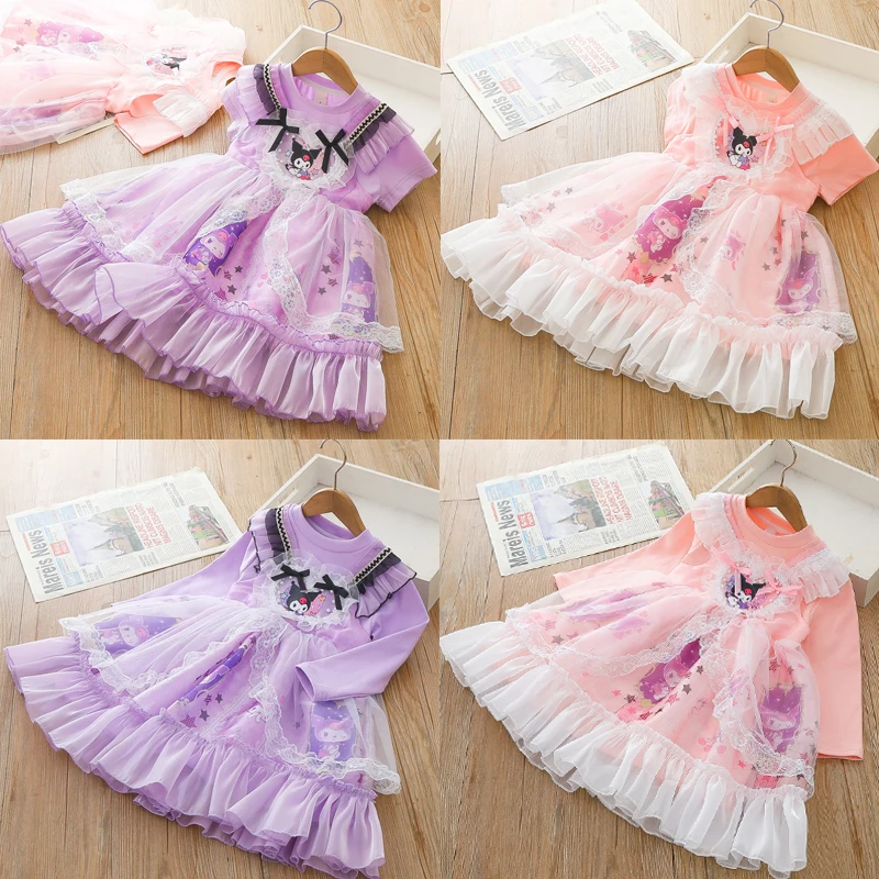 

New Style Girl Dresses Anime Sanrios Kuromi Springtime Summertime Kawaii Cartoon Princess Dress Lace Puffy Skirt Birthday Dress