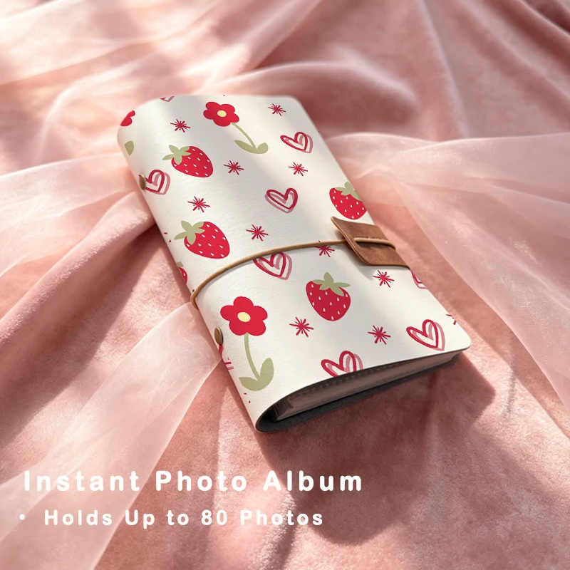 Red Strawberry Outline Heart Small Floral Print Instant Photo Album Lovely Gift for Teen Girls & Cute Fruit Pattern Lovers
