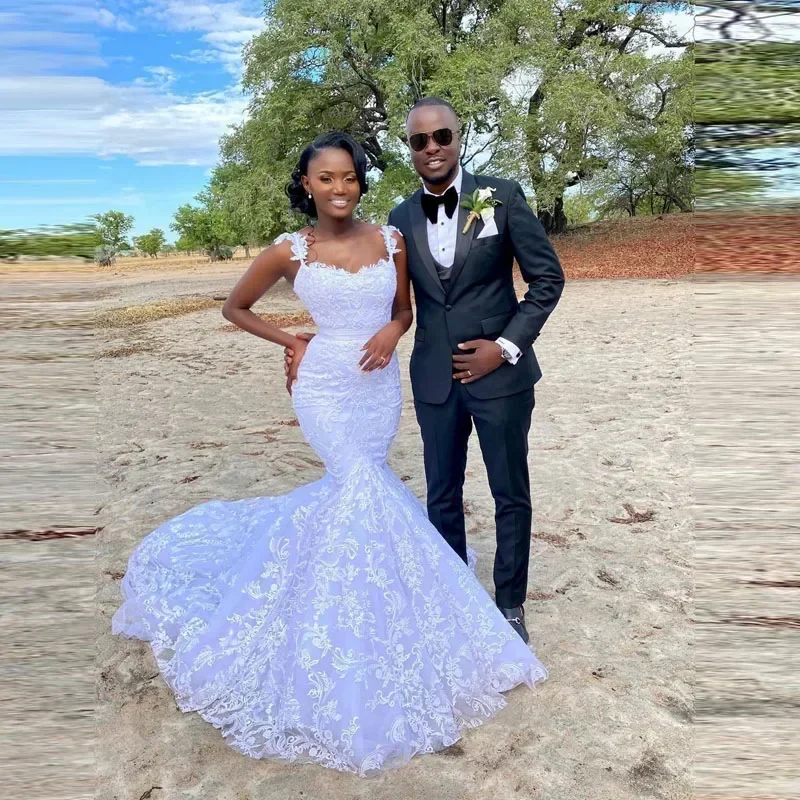 Customized White Lace Wedding Dress For Black Girls African Mermaid Bride Spring Summer